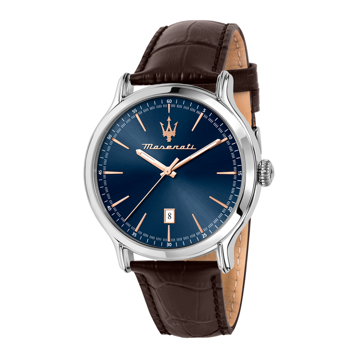Maserati Epoca herreur 42 mm med blå urskive og brun læderrem.