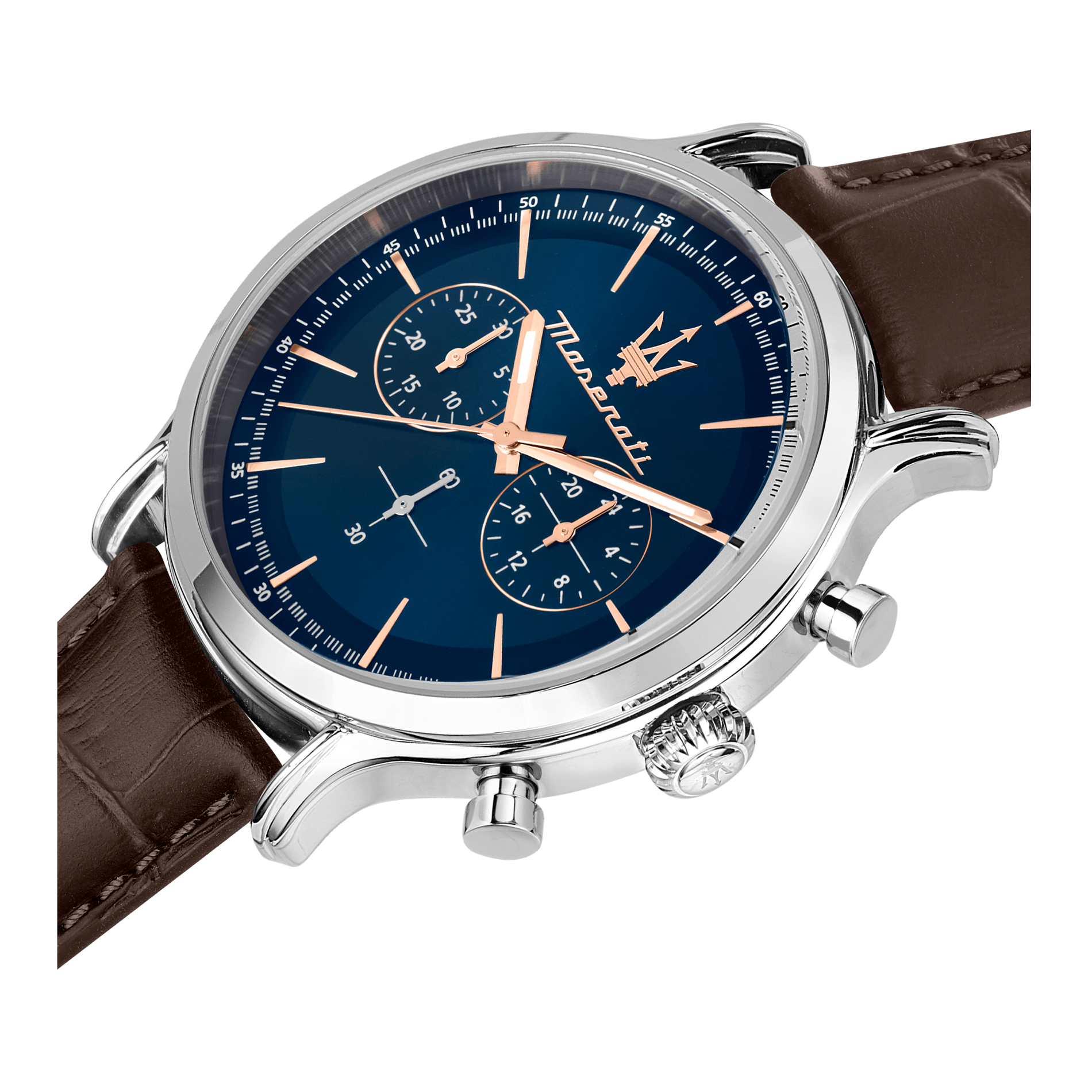 Nærbillede af Maserati Epoca Chronograph med blå urskive og rosaguldfarvede detaljer.