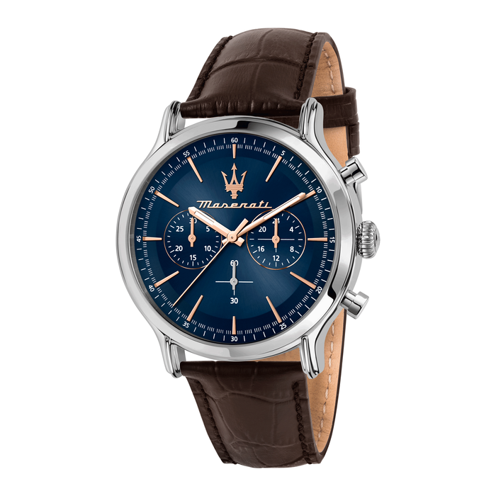 Maserati Epoca Chronograph herreur 42 mm med blå urskive og brun læderrem.