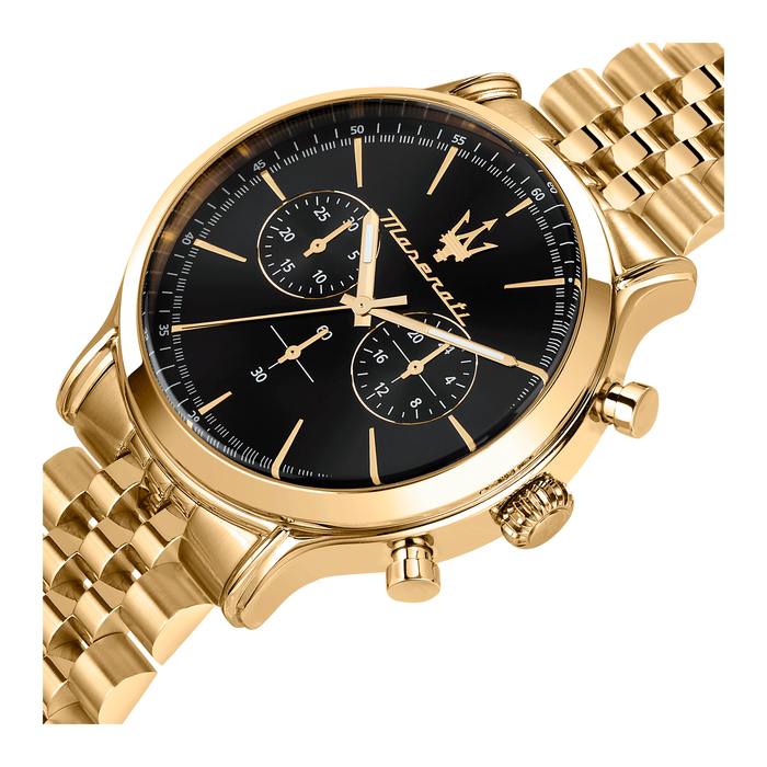 Nærbillede af Maserati Epoca Chronograph med sort urskive og kronograf.