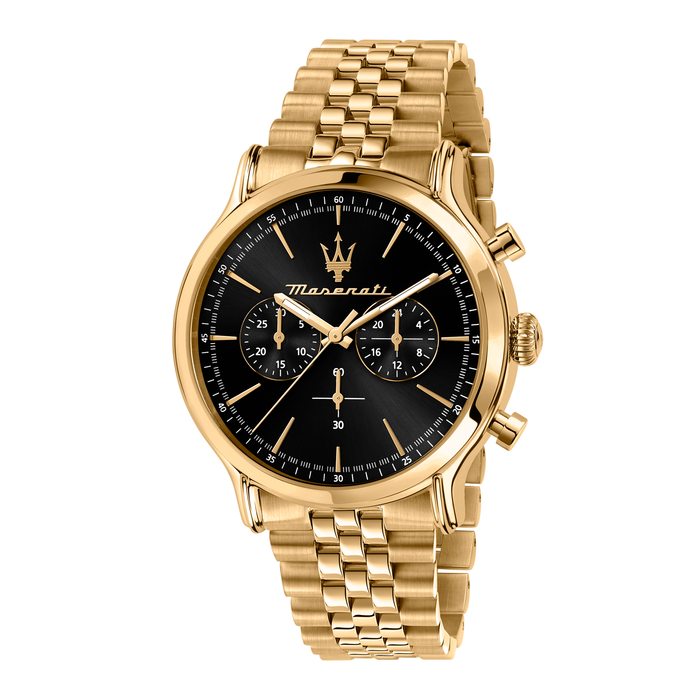 Maserati Epoca Chronograph herreur 42 mm med sort urskive og guldfarvet stållænke.