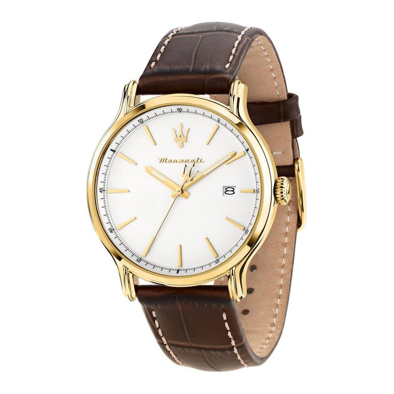 Maserati Epoca Slim herreur 40 mm R8851118018 med hvid skive, guldfarvet kasse og brun læderrem