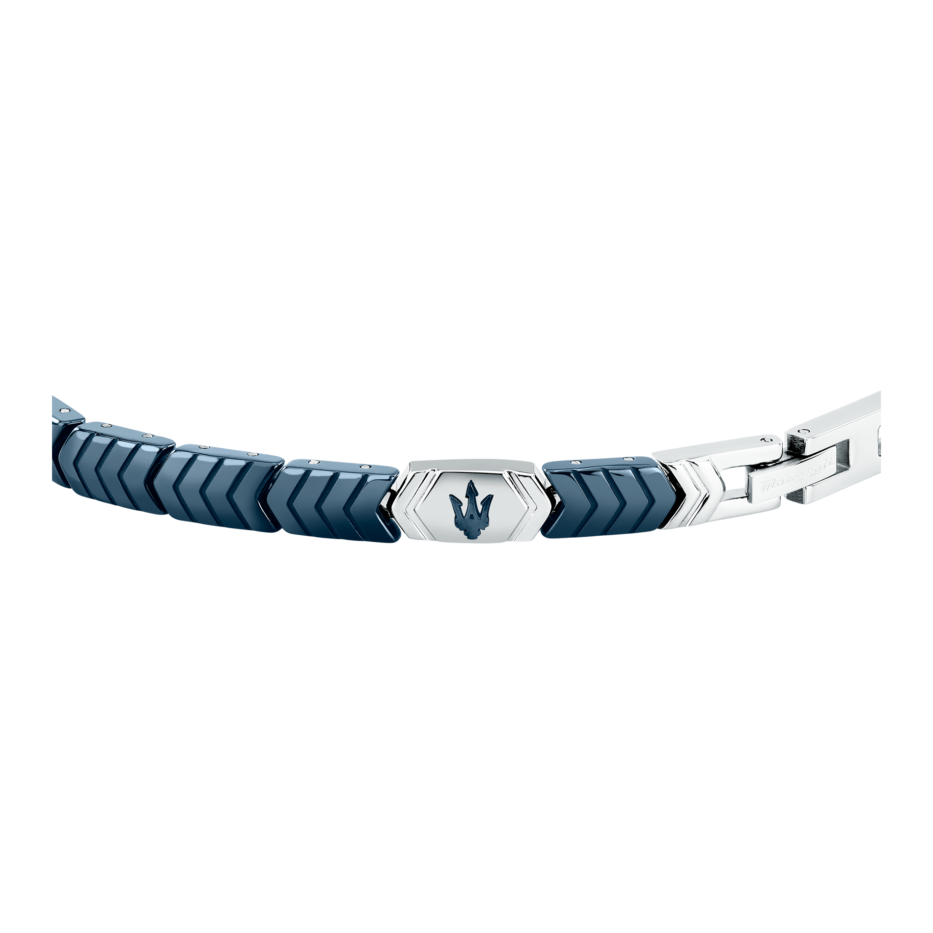Detalje af Maserati herrearmbånd med blå struktureret keramik og trident-logo