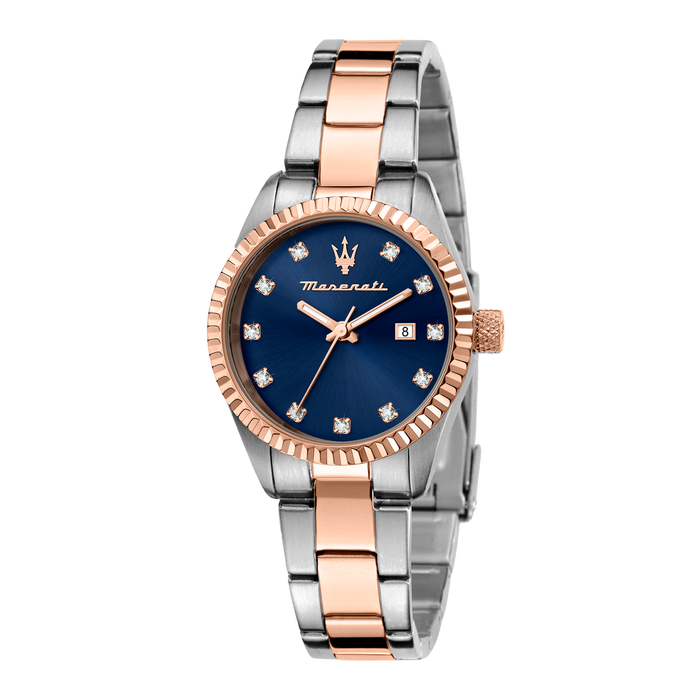 Maserati Lady Competizione dameur 31 mm i tofarvet stål med blå urskive.
