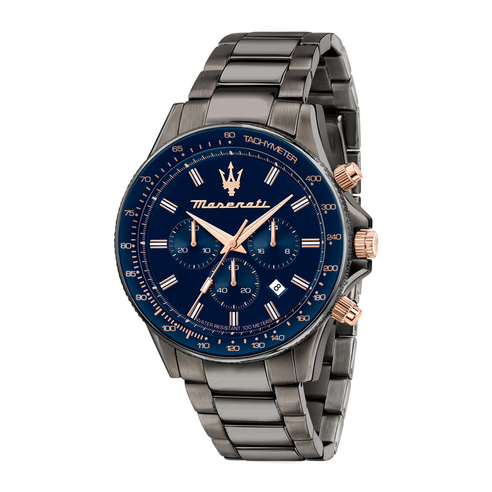 Maserati Sfida herreur 44 mm R8873640001 med blå urskive og mørkegrå stållænke