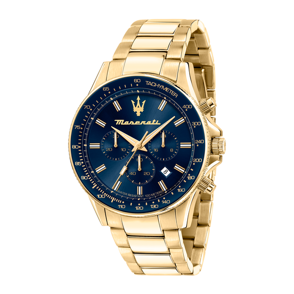 Maserati Sfida herreur 44 mm R8873640008 med blå urskive og guldfarvet stållænke
