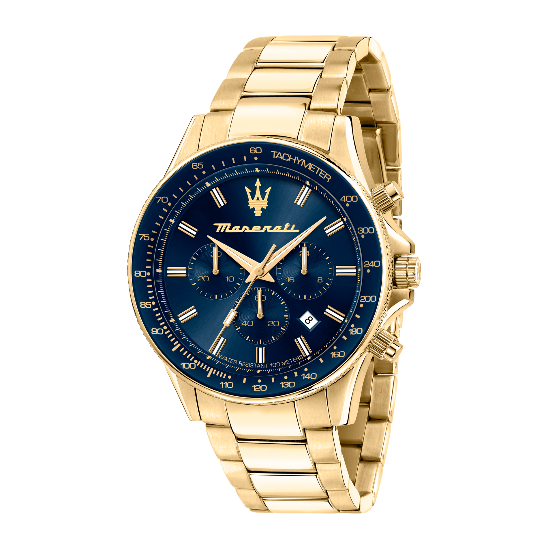 Maserati Sfida herreur 44 mm R8873640008 med blå urskive og guldfarvet stållænke