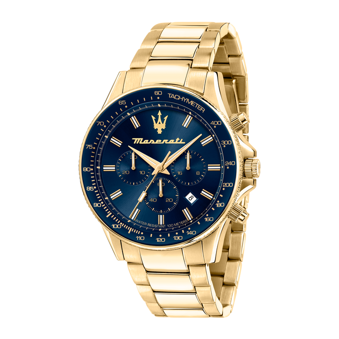 Maserati Sfida herreur 44 mm R8873640008 med blå urskive og guldfarvet stållænke