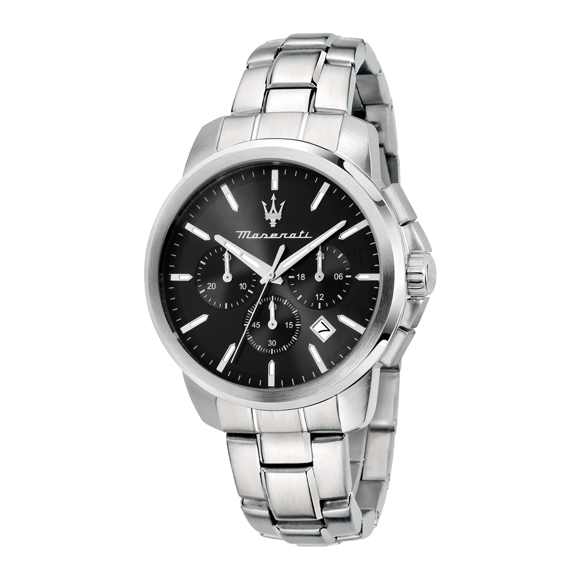 Maserati Successo Chronograph herreur 42 mm med sort urskive og sølvfarvet stållænke.