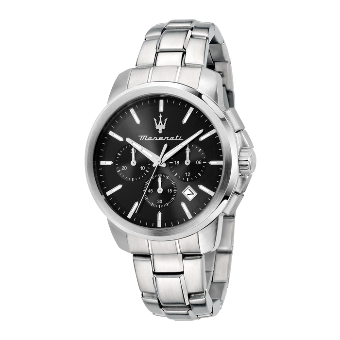 Maserati Successo Chronograph herreur 42 mm med sort urskive og sølvfarvet stållænke.