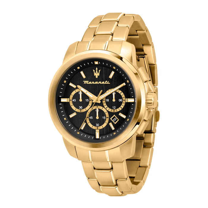 Maserati Successo Chronograph herreur 44 mm med sort urskive og guldfarvet stållænke.