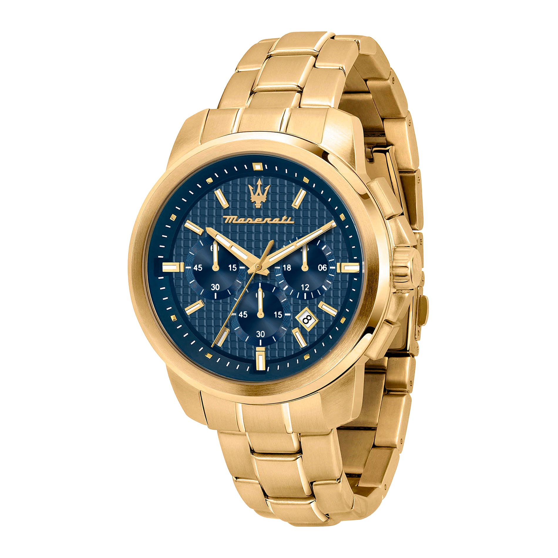 Maserati Successo Chronograph herreur 44 mm med blå urskive og guldfarvet stållænke.