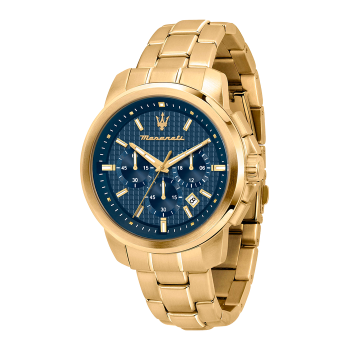 Maserati Successo Chronograph herreur 44 mm med blå urskive og guldfarvet stållænke.