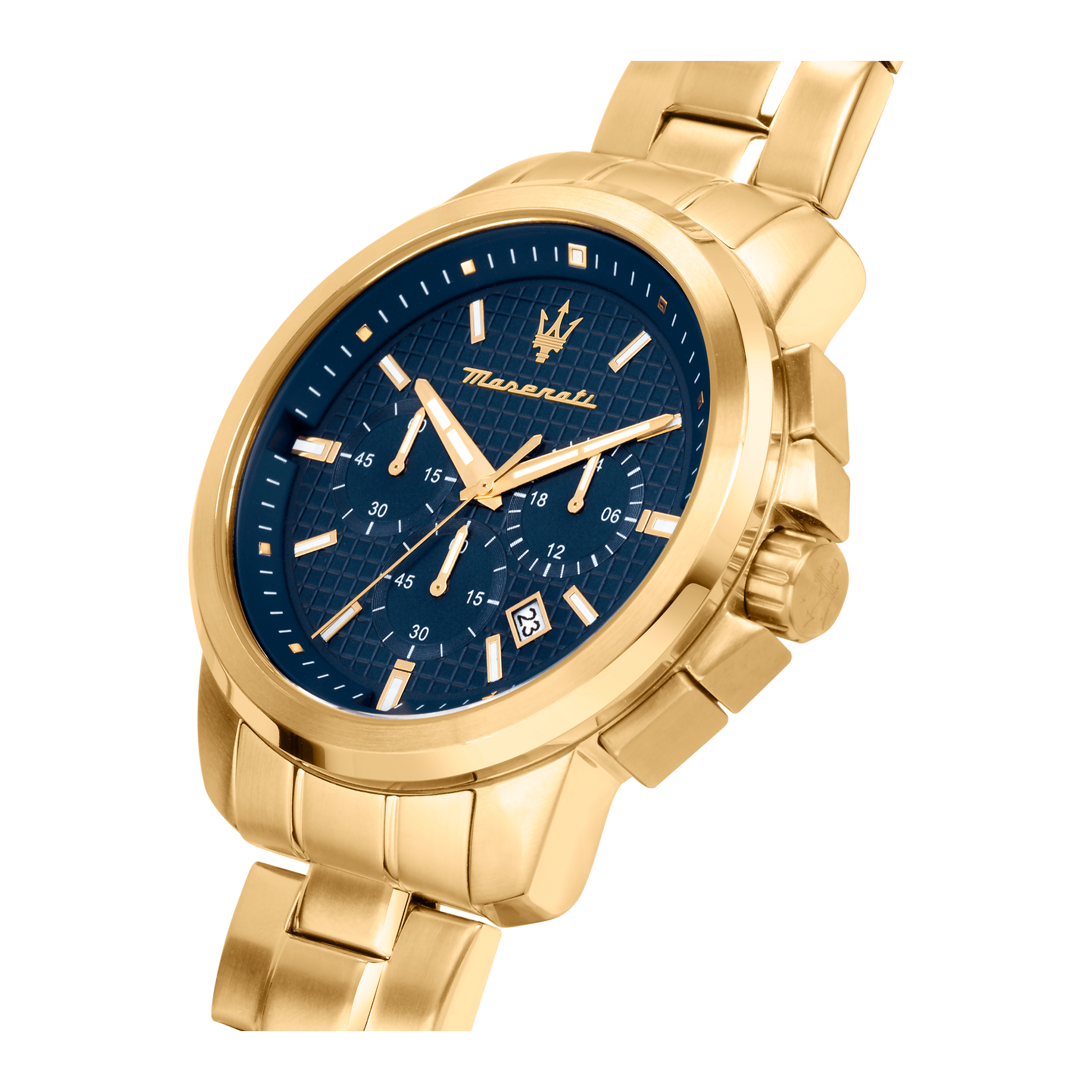 Nærbillede af Maserati Successo Chronograph med blå struktureret urskive og guldfarvede detaljer.