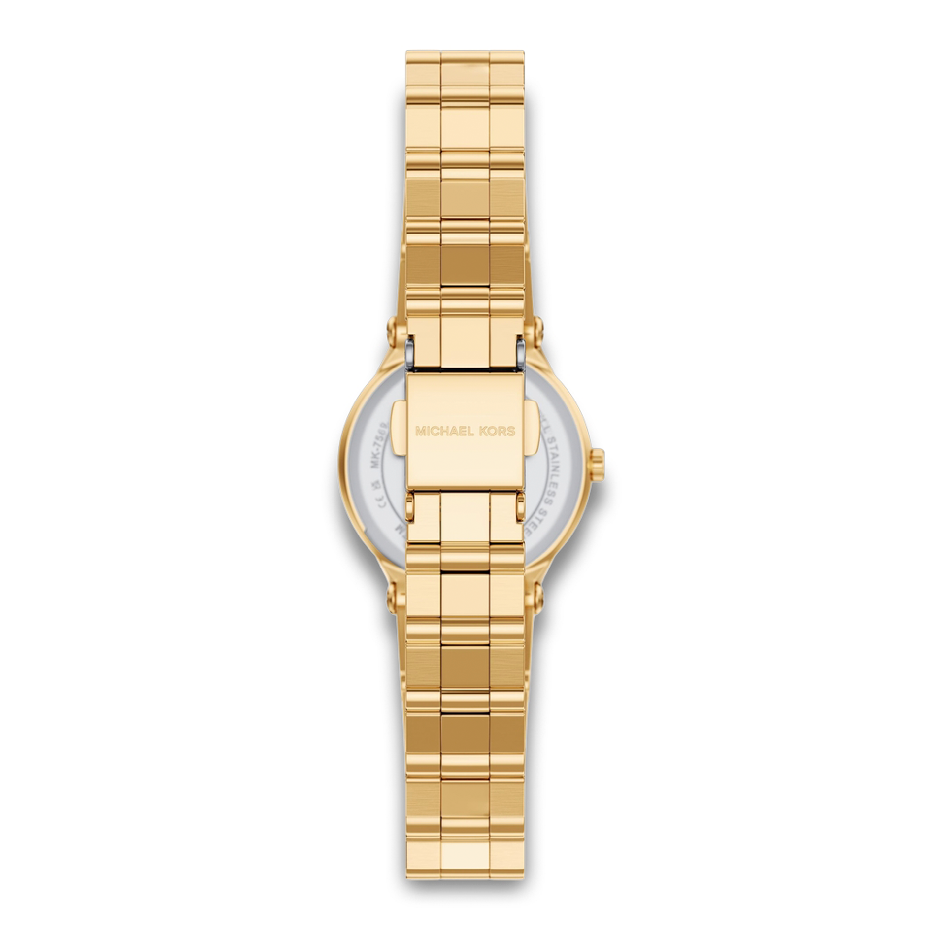 Bagside af Michael Kors Billie MK7567 med guldfarvet stållænke og foldespænde.