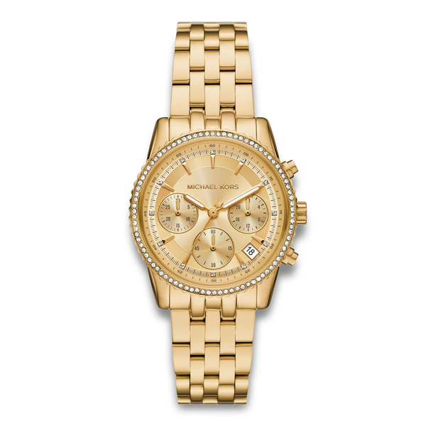 Michael Kors Bryant MK7530 dameur 35 mm i guldfarvet rustfrit stål med kronograf og stenbesat krans.