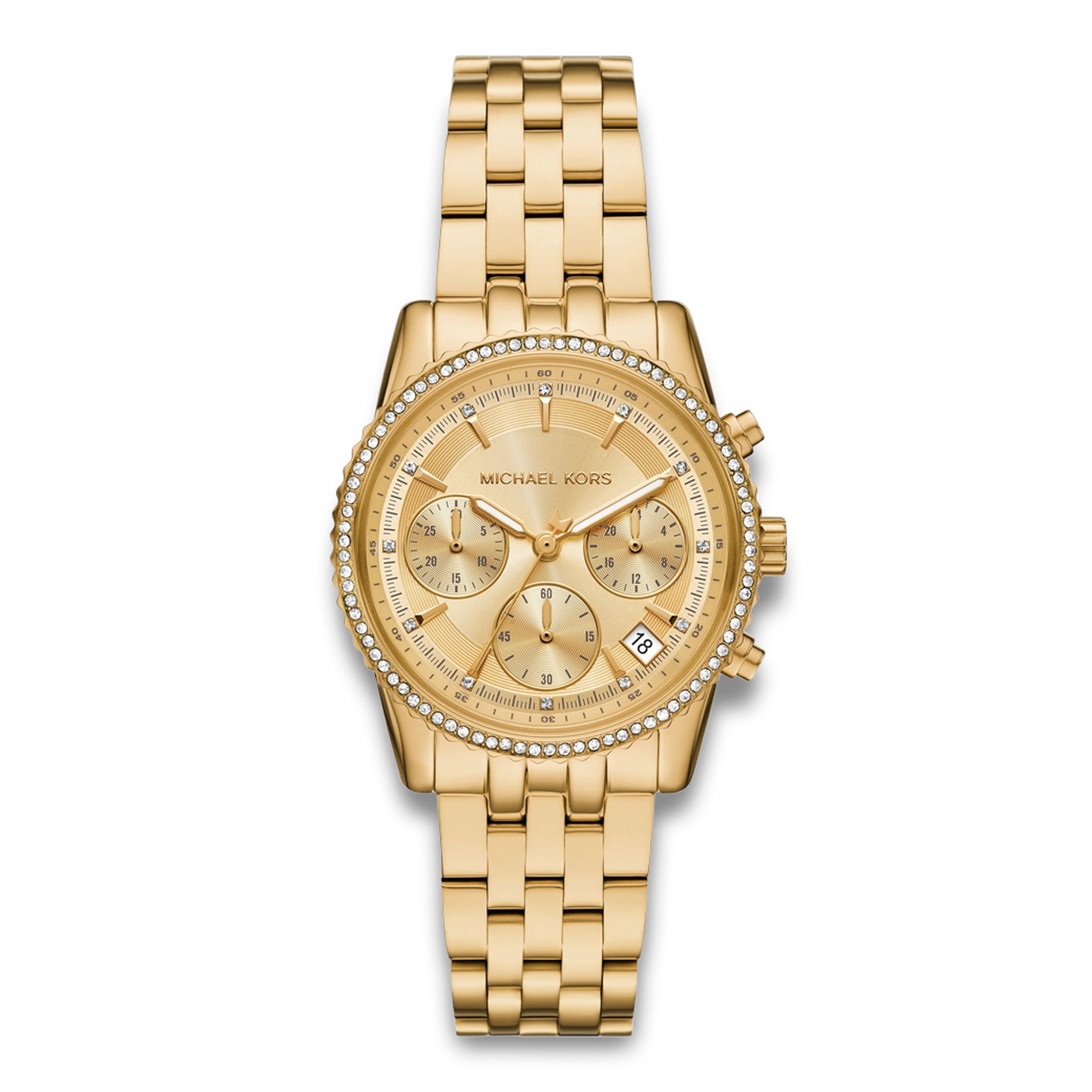 Michael Kors Bryant MK7530 dameur 35 mm i guldfarvet rustfrit stål med kronograf og stenbesat krans.