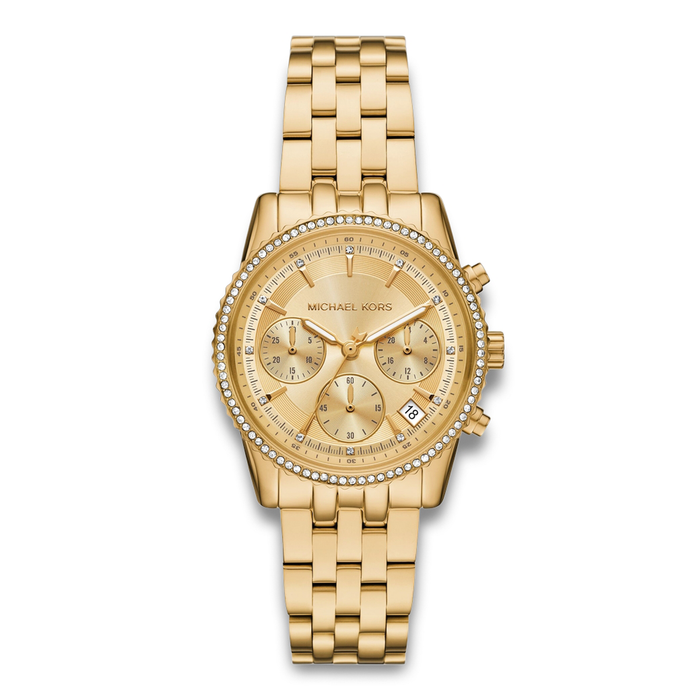 Michael Kors Bryant MK7530 dameur 35 mm i guldfarvet rustfrit stål med kronograf og stenbesat krans.
