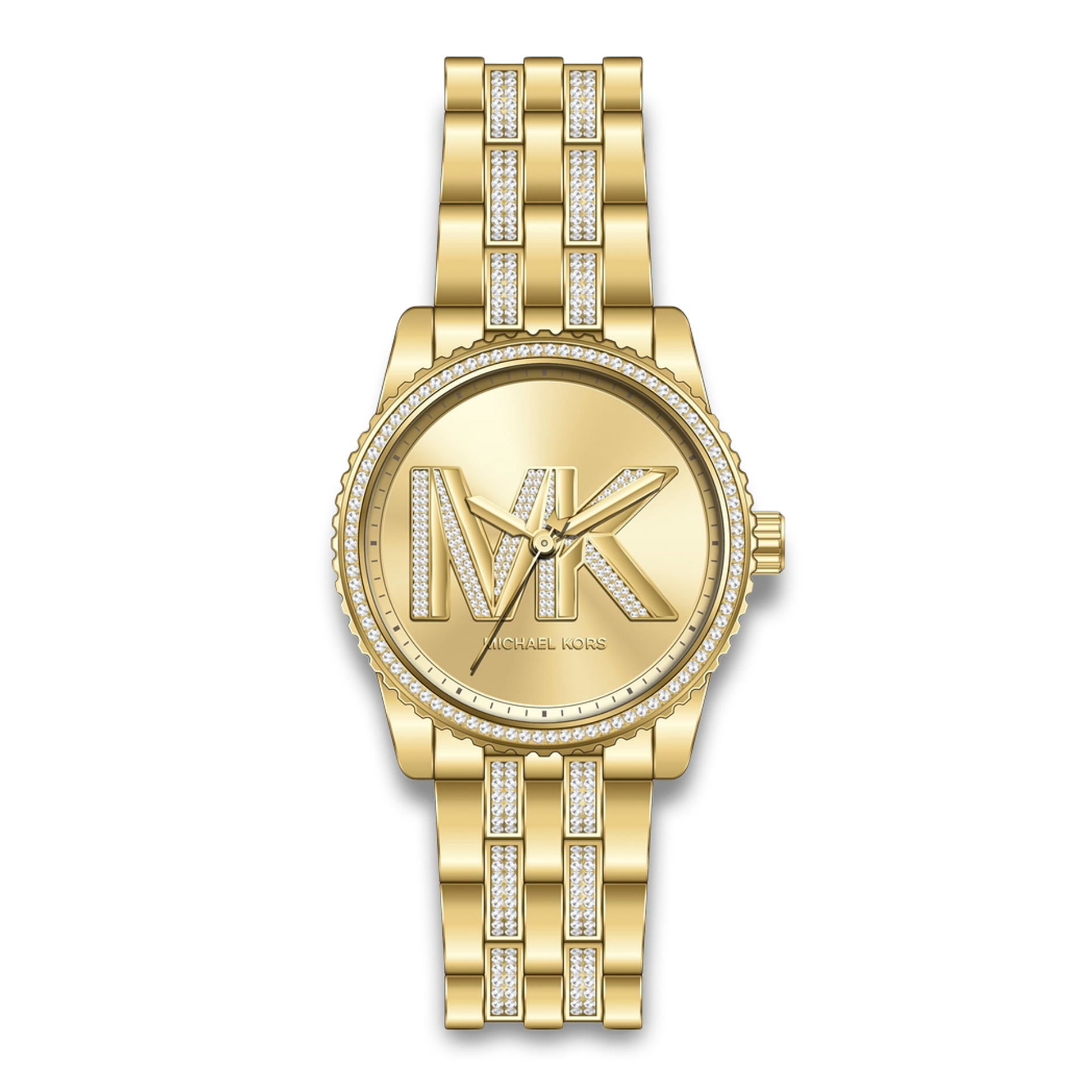 Michael Kors Bryant MK7540 dameur 35 mm i guldfarvet rustfrit stål med stenbesat MK-logo og urkrans.