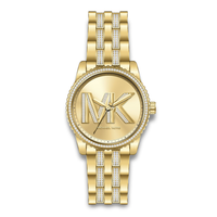 Michael Kors Bryant MK7540 dameur 35 mm i guldfarvet rustfrit stål med stenbesat MK-logo og urkrans.