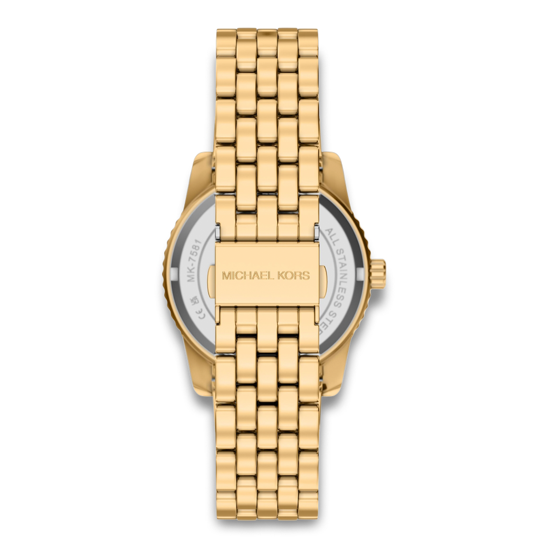 Bagside af Michael Kors Bryant MK7581 med guldfarvet stållænke og foldespænde.