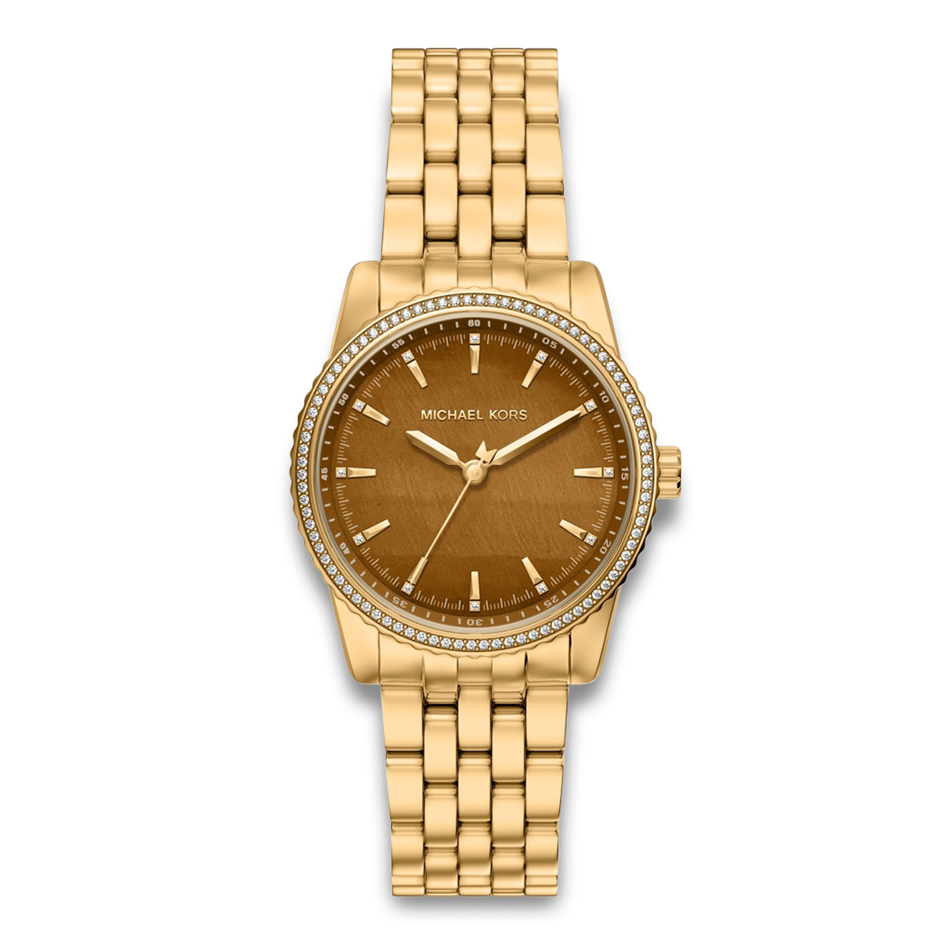 Michael Kors Bryant MK7581 dameur i guldfarvet rustfrit stål med brun urskive og krystalbesat lynette.