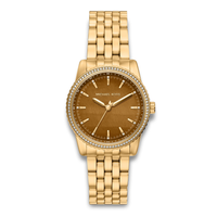Michael Kors Bryant MK7581 dameur i guldfarvet rustfrit stål med brun urskive og krystalbesat lynette.