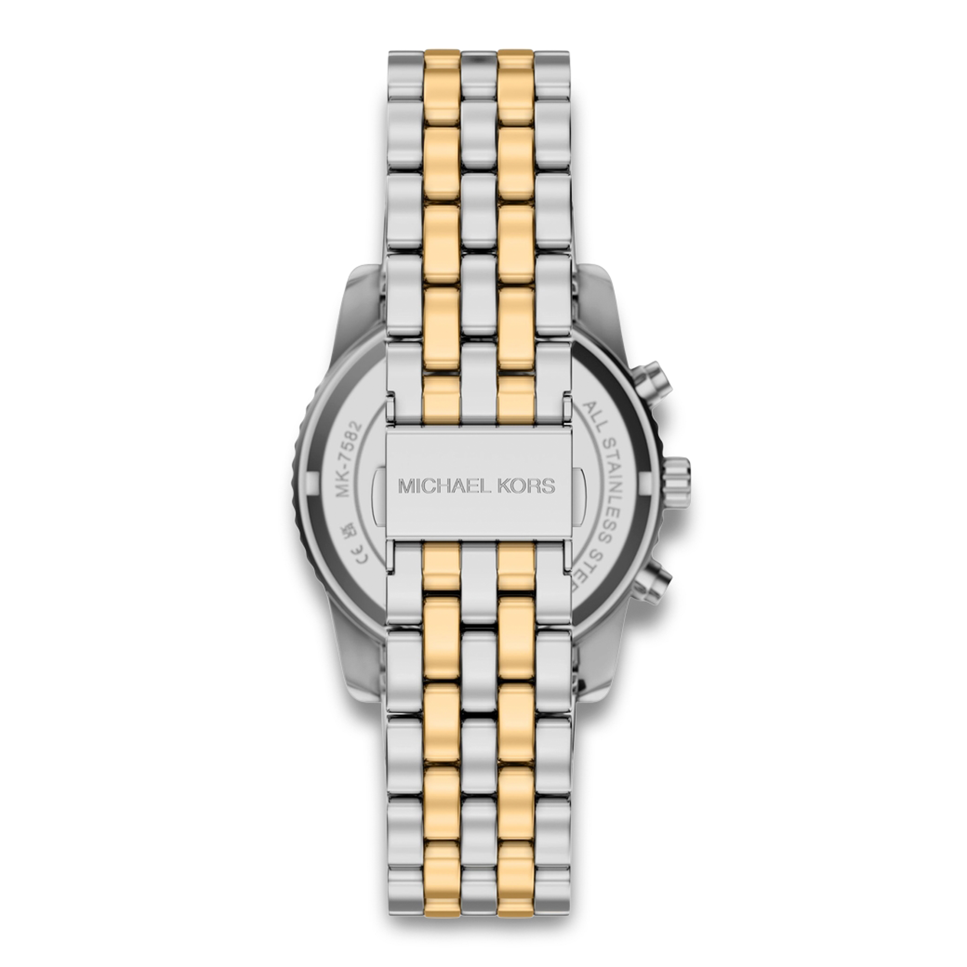 Bagside af Michael Kors Bryant MK7582 med tofarvet stållænke og foldespænde.