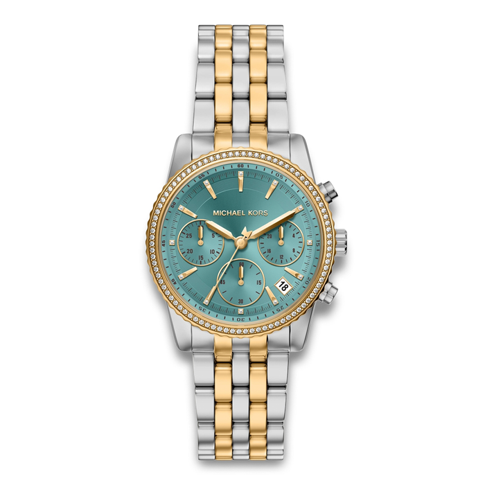 Michael Kors Bryant MK7582 dameur i tofarvet stål med turkis urskive, kronograf og krystalbesat lynette.