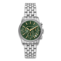 Michael Kors Bryant MK7583 dameur i sølvfarvet stål med grøn urskive, kronograf og krystalbesat lynette.