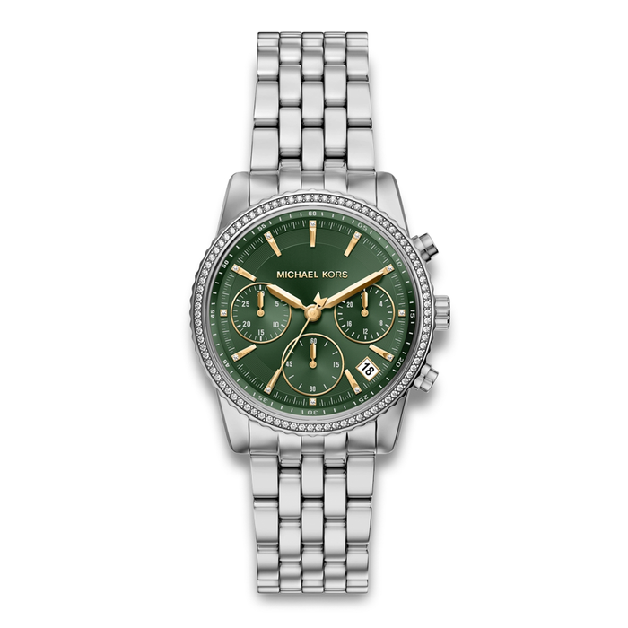 Michael Kors Bryant MK7583 dameur i sølvfarvet stål med grøn urskive, kronograf og krystalbesat lynette.