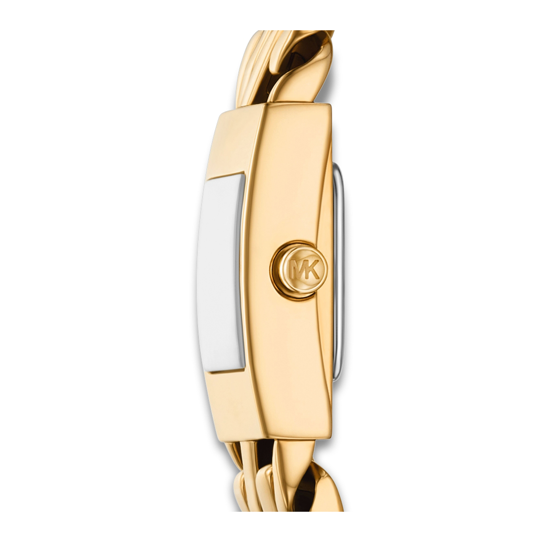 Sideprofil af Michael Kors Darrington dameur med guldfarvet urkasse.