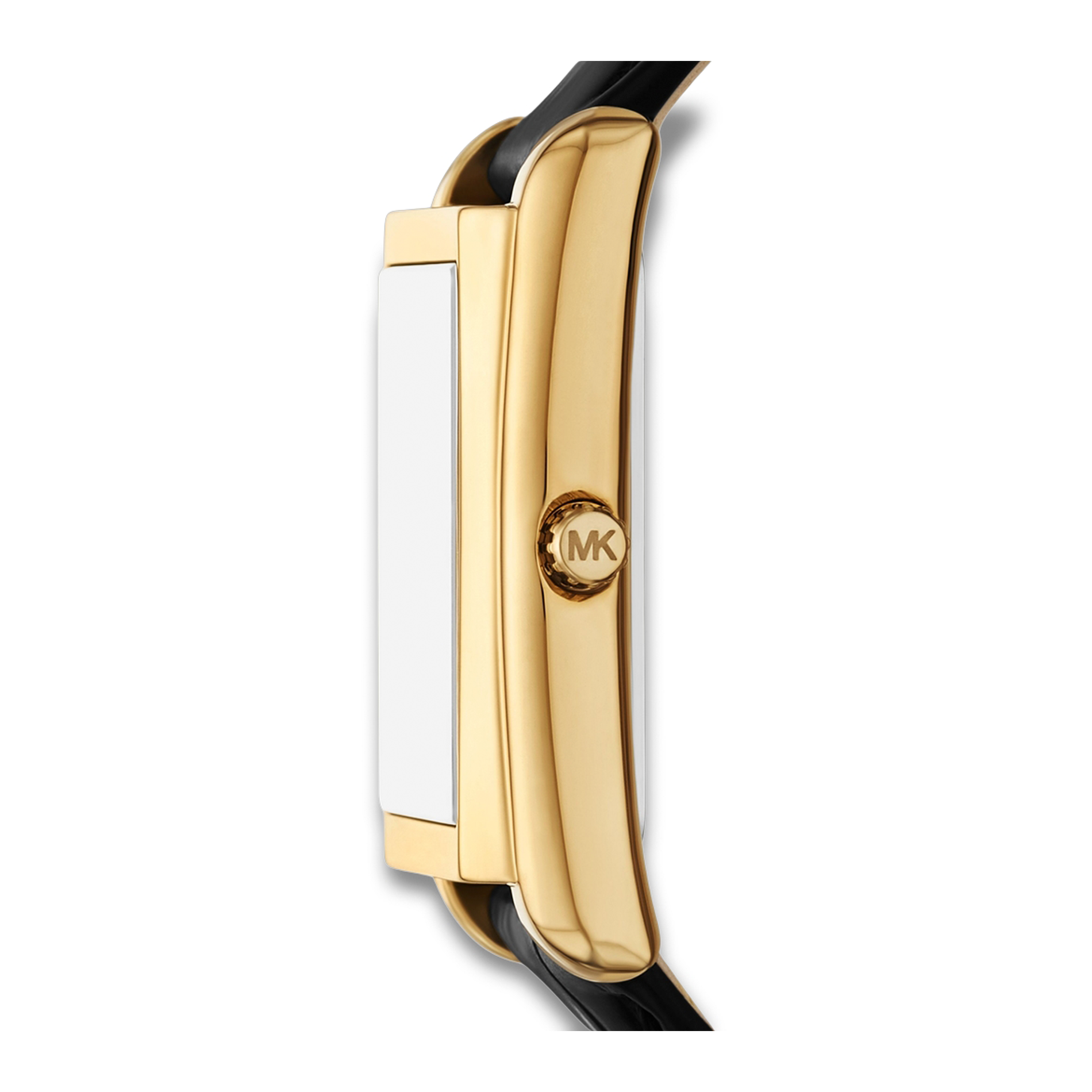 Sideprofil af Michael Kors Essex MK4965 med guldfarvet urkasse.