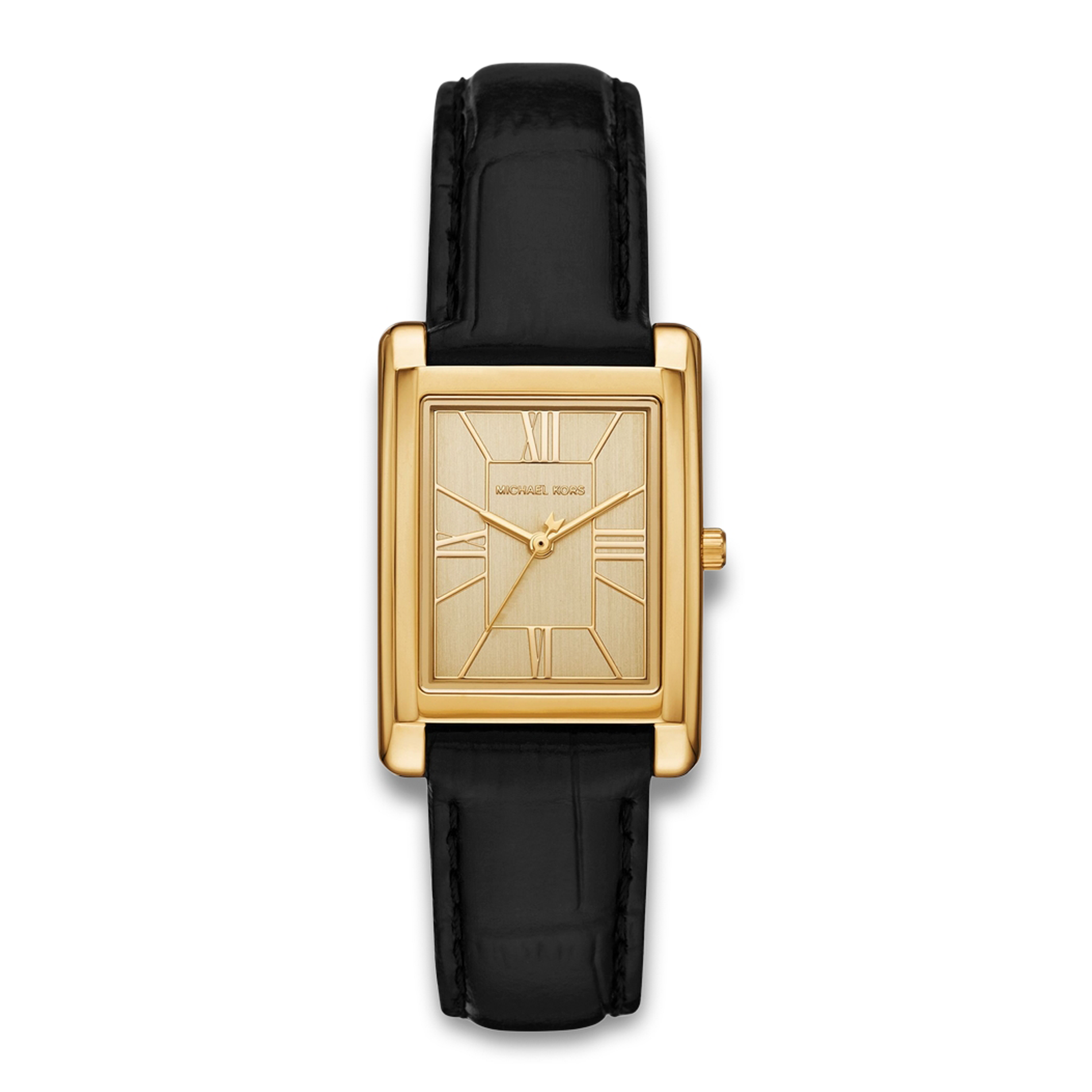 Michael Kors Essex dameur 26 mm med guldfarvet urkasse og sort læderrem.