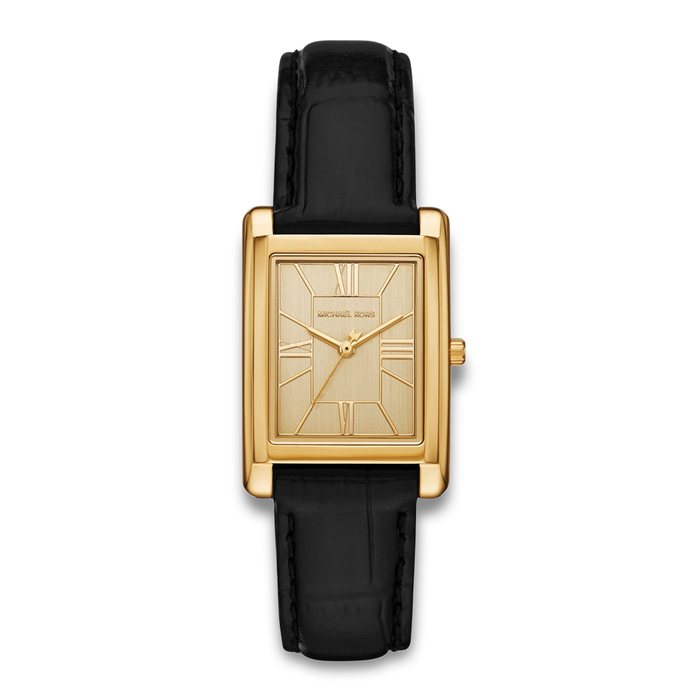 Michael Kors Essex dameur 26 mm med guldfarvet urkasse og sort læderrem.