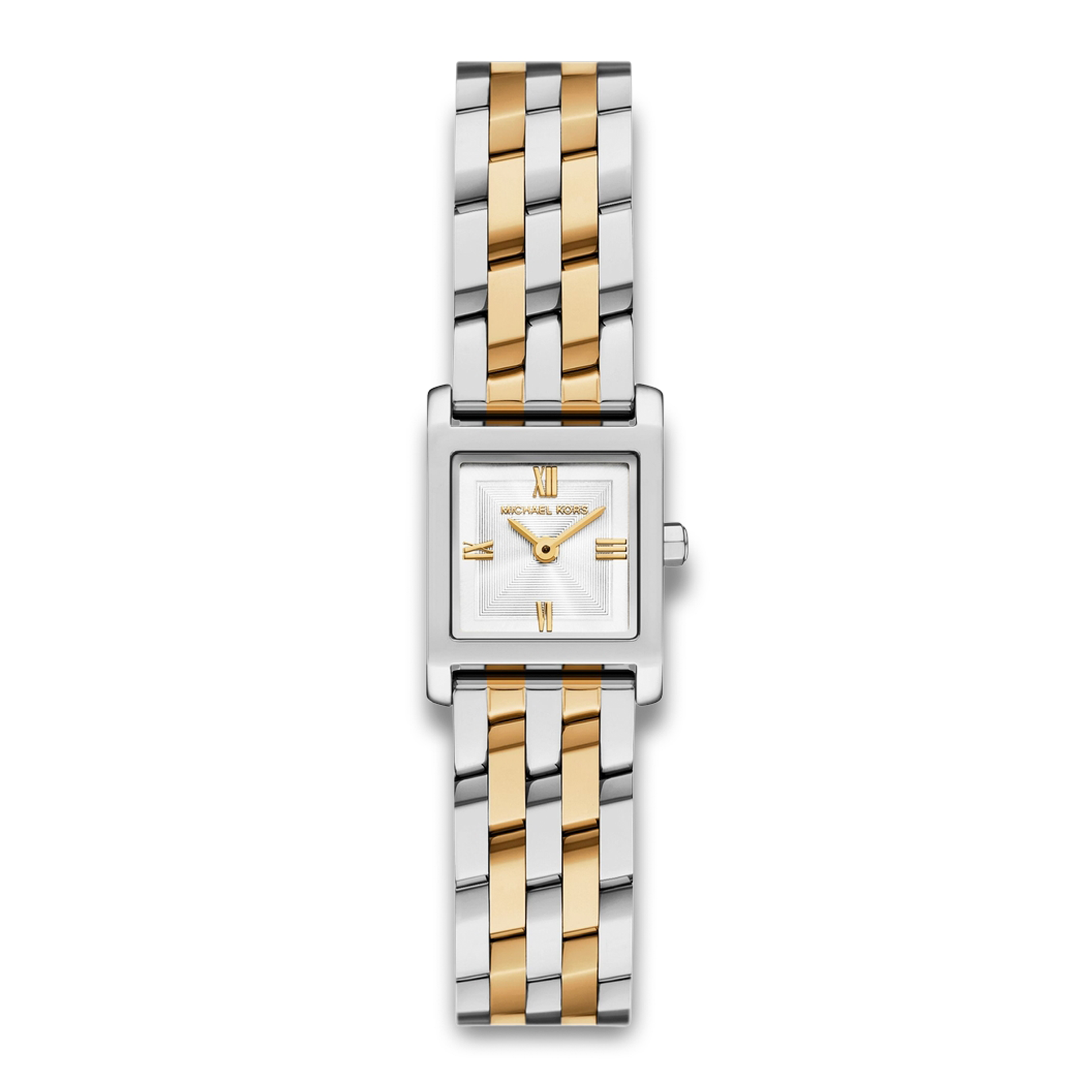 Michael Kors Georgie MK7612 dameur i tofarvet rustfrit stål med firkantet sølvhvid urskive.