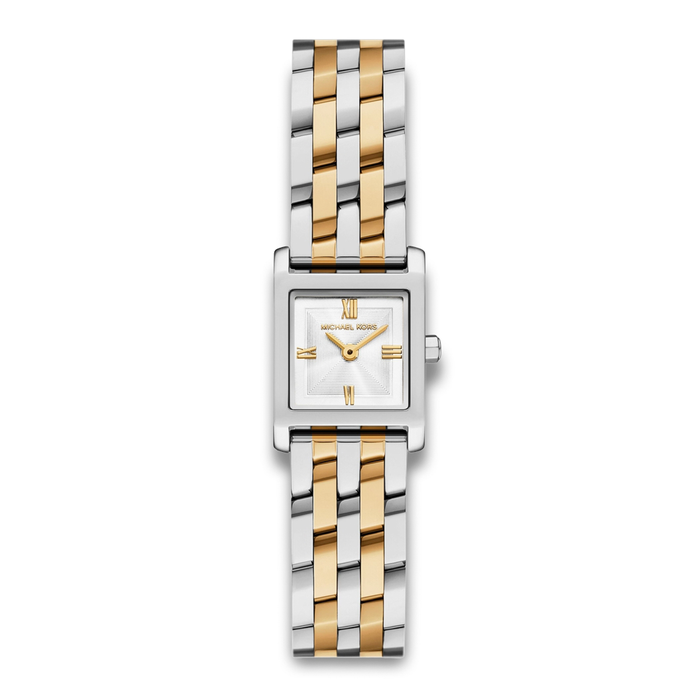Michael Kors Georgie MK7612 dameur i tofarvet rustfrit stål med firkantet sølvhvid urskive.