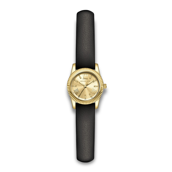 Michael Kors Lexington dameur med sort læderrem og guldfarvet urkasse.