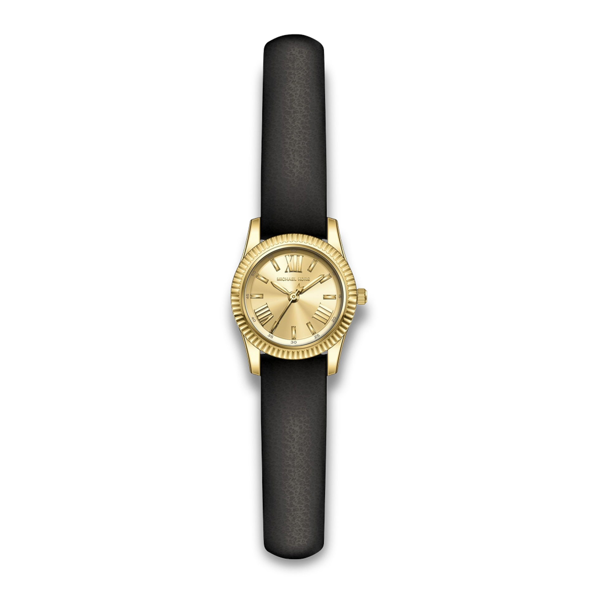 Michael Kors Lexington dameur med sort læderrem og guldfarvet urkasse.