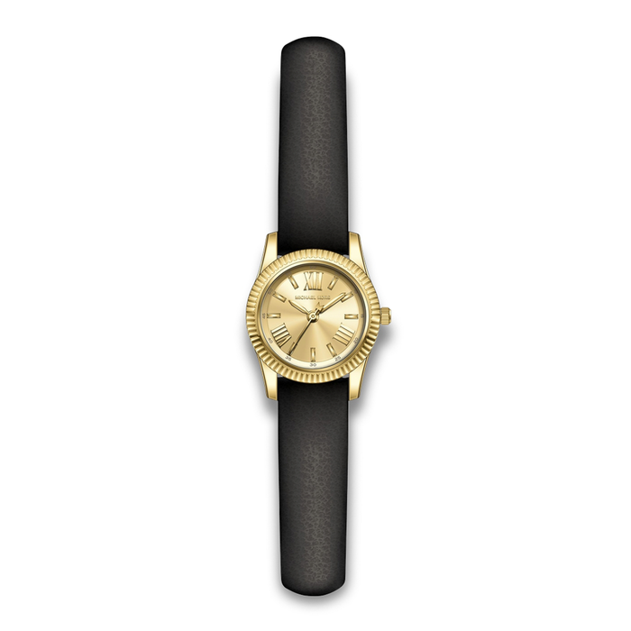 Michael Kors Lexington dameur med sort læderrem og guldfarvet urkasse.