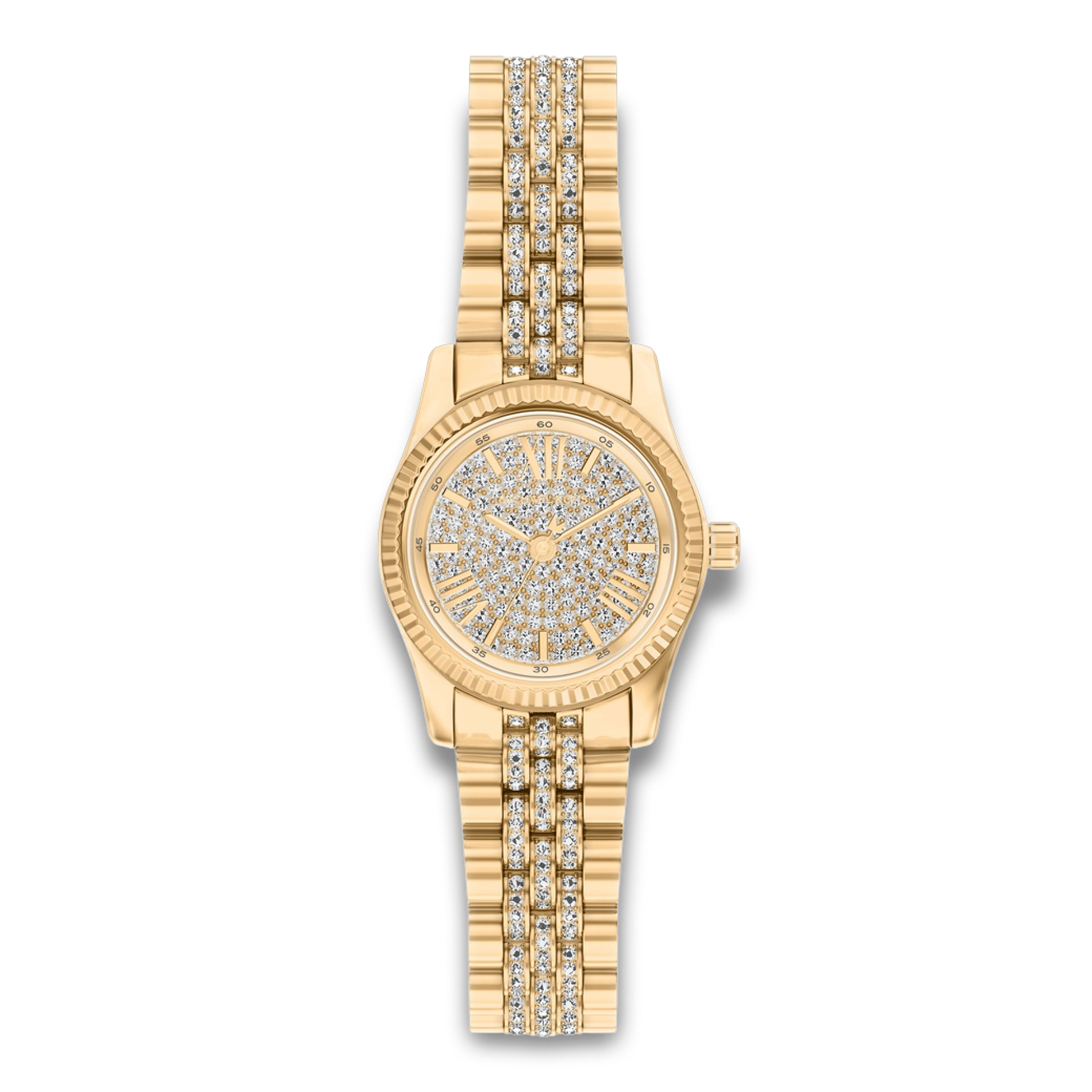 Michael Kors Lexington MK7575 dameur 26 mm i guldfarvet rustfrit stål med pavéurskive og krystalbesat lænke.