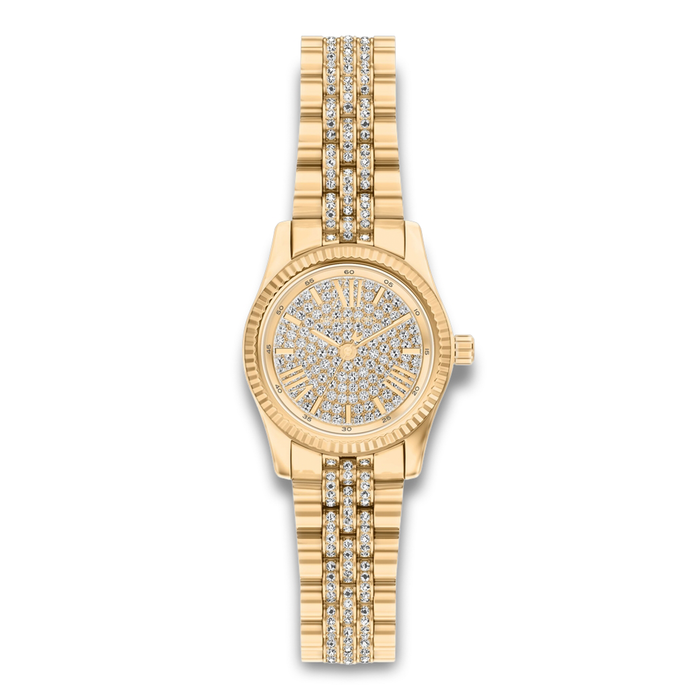 Michael Kors Lexington MK7575 dameur 26 mm i guldfarvet rustfrit stål med pavéurskive og krystalbesat lænke.