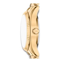 Sideprofil af Michael Kors Lexington MK7575 med riflet lynette og guldfarvet urkasse.