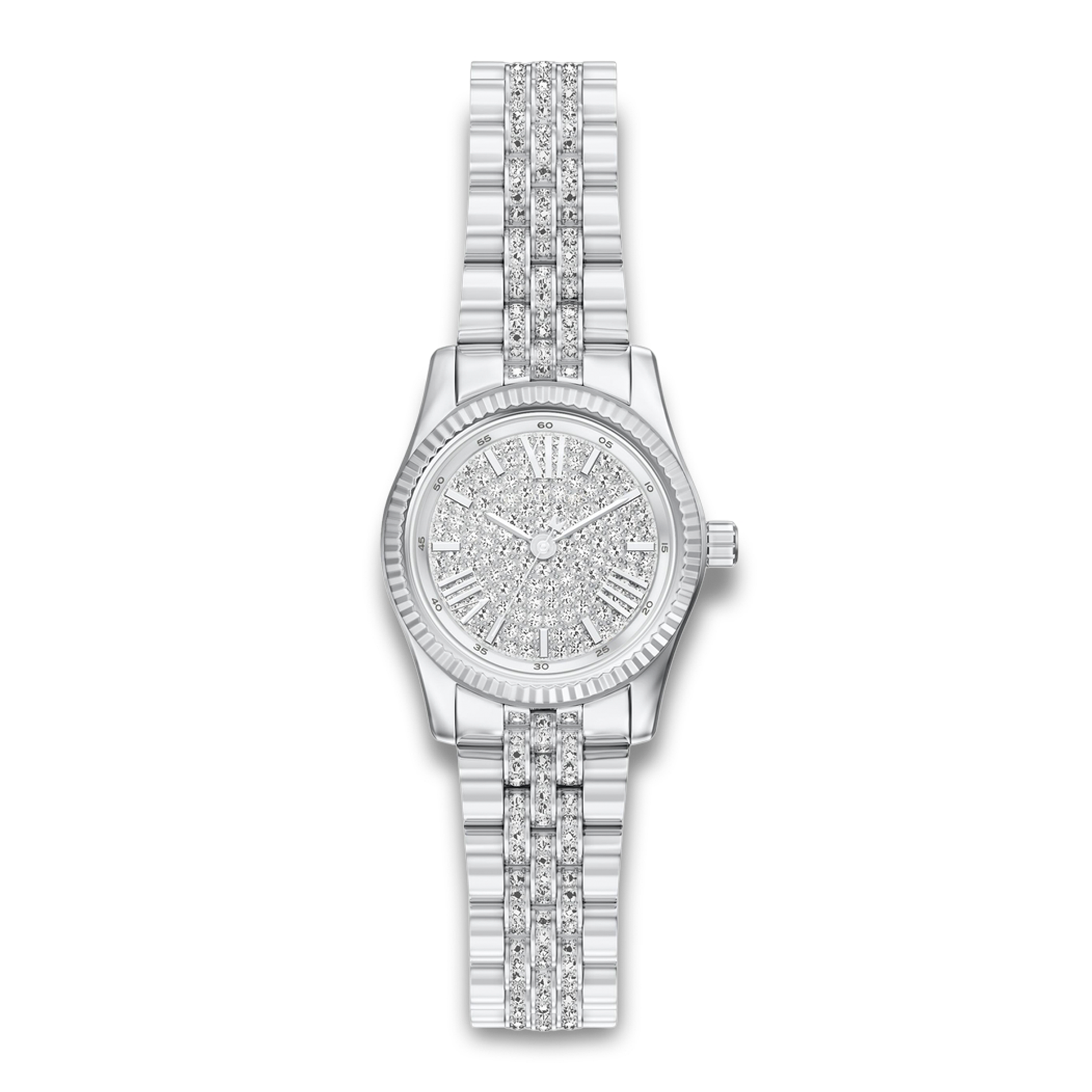 Michael Kors Lexington MK7577 dameur 26 mm i sølvfarvet rustfrit stål med pavéurskive og krystalbesat lænke.