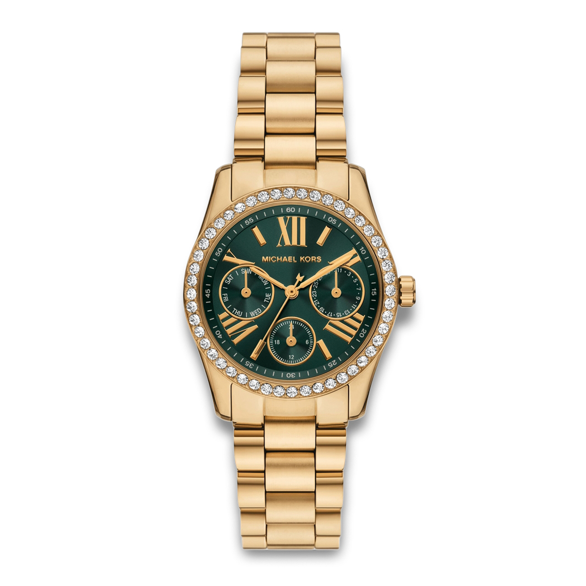 Michael Kors Lexington dameur i guldfarvet stål med grøn urskive og stenbesat krans.