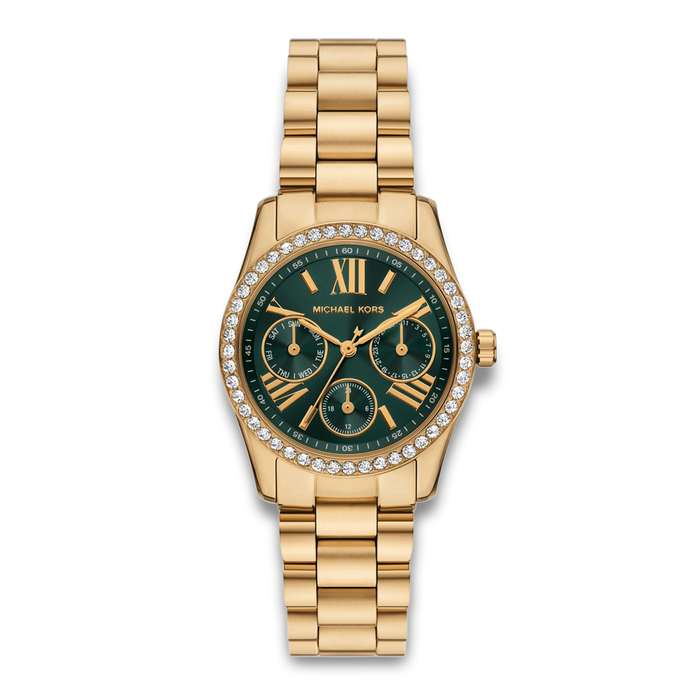 Michael Kors Lexington dameur i guldfarvet stål med grøn urskive og stenbesat krans.