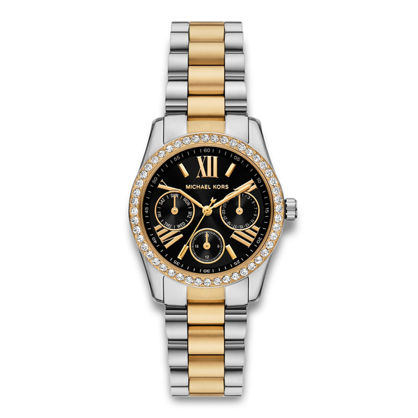 Michael Kors Lexington dameur i tofarvet stål med sort urskive og stenbesat krans.