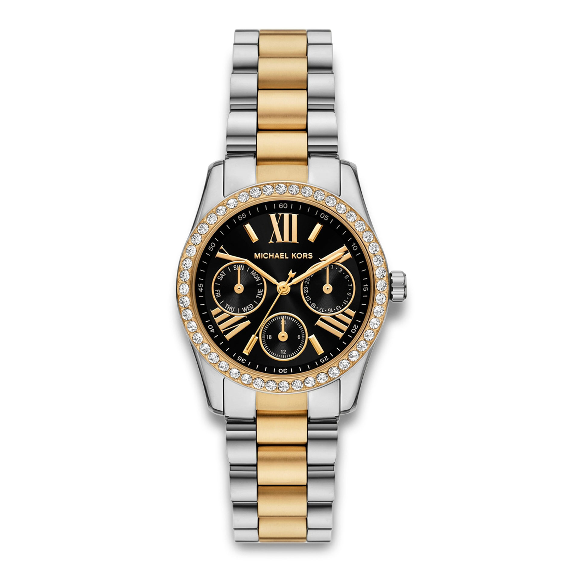 Michael Kors Lexington dameur i tofarvet stål med sort urskive og stenbesat krans.