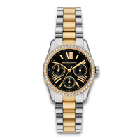 Michael Kors Lexington dameur i tofarvet stål med sort urskive og stenbesat krans.