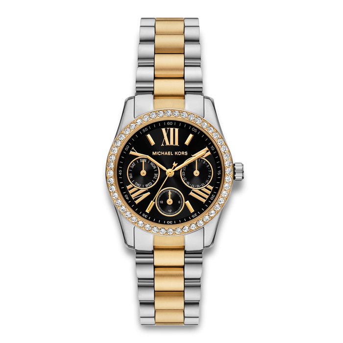 Michael Kors Lexington dameur i tofarvet stål med sort urskive og stenbesat krans.